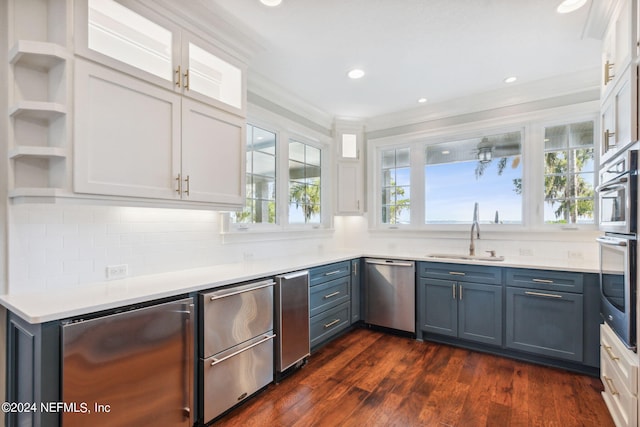 kitchen featuring white cabinets, stainless steel appliances, sink, and dark wood-type flooring