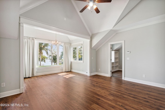 spare room featuring ceiling fan with notable chandelier, high vaulted ceiling, and dark hardwood / wood-style flooring