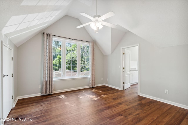 bonus room with lofted ceiling, ceiling fan, and dark wood-type flooring