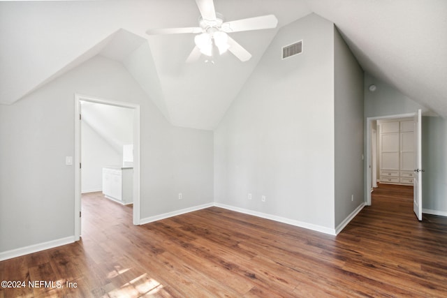 bonus room featuring vaulted ceiling, ceiling fan, and hardwood / wood-style flooring