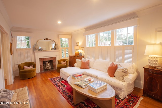 living room with hardwood / wood-style flooring, crown molding, a wealth of natural light, and a fireplace