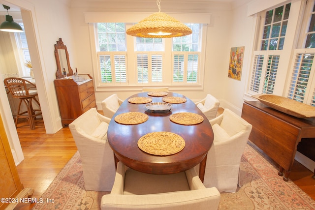 dining space with light hardwood / wood-style floors and a healthy amount of sunlight