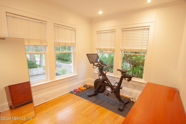 exercise area featuring wood-type flooring and ornamental molding