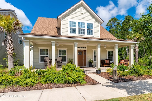 view of front of house with ceiling fan