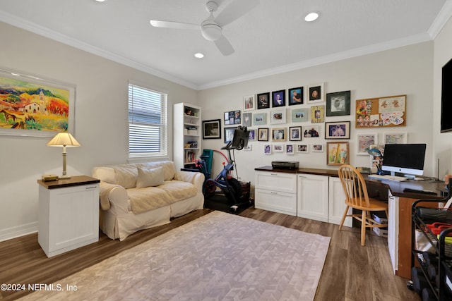 office space with crown molding, ceiling fan, and hardwood / wood-style floors