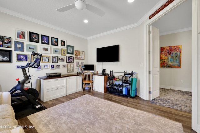 office with crown molding, ceiling fan, and hardwood / wood-style floors