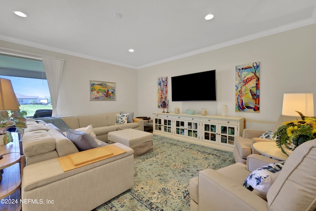 living room with ornamental molding