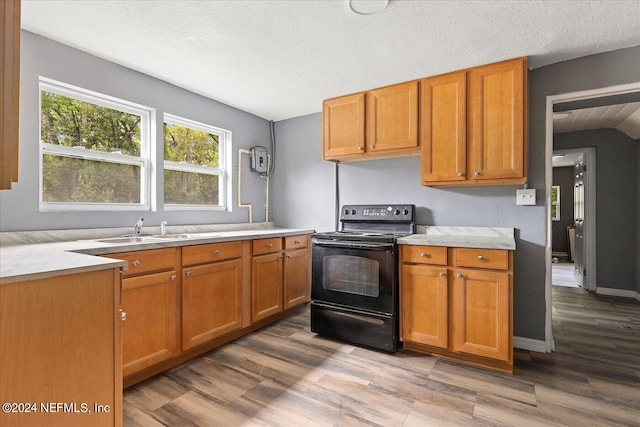 kitchen featuring black range with electric stovetop, wood-type flooring, sink, and a textured ceiling