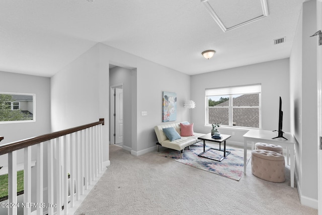 sitting room featuring carpet flooring and a textured ceiling