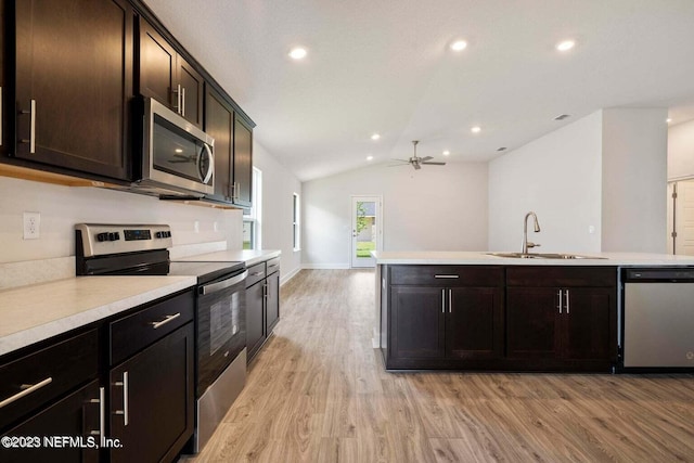 kitchen featuring sink, light hardwood / wood-style flooring, dark brown cabinetry, and stainless steel appliances