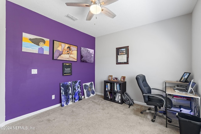 home office with carpet and ceiling fan