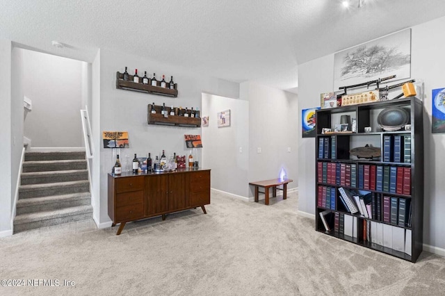 interior space featuring a textured ceiling and light carpet