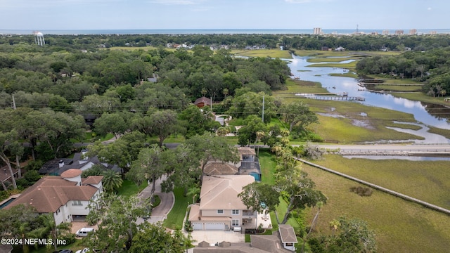 drone / aerial view featuring a water view