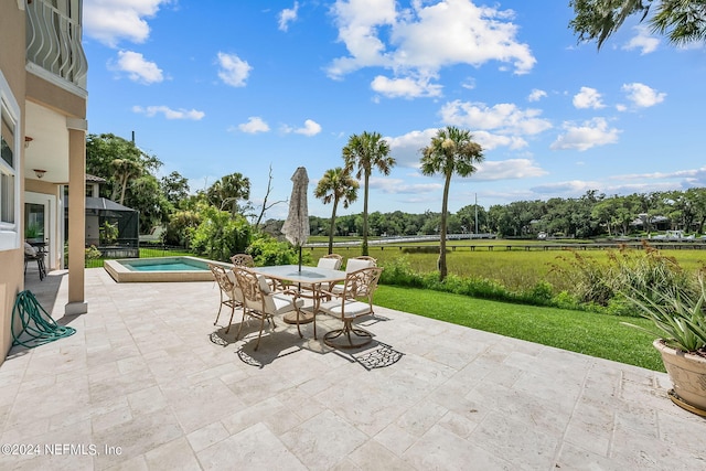 view of patio / terrace with a lanai and a swimming pool