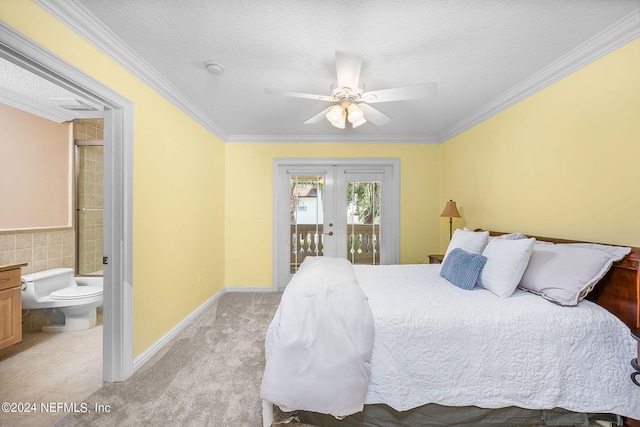 bedroom with access to exterior, french doors, a textured ceiling, and ceiling fan