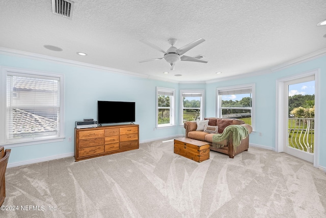 carpeted living room with ceiling fan, ornamental molding, and a textured ceiling