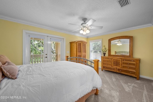 bedroom with ceiling fan, french doors, light colored carpet, access to outside, and ornamental molding