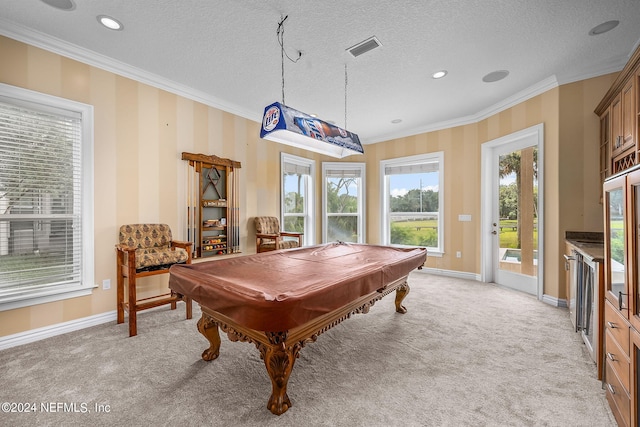 recreation room with light carpet, crown molding, a textured ceiling, and billiards