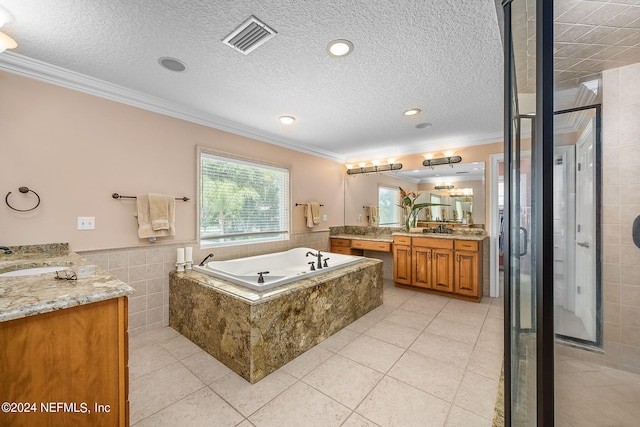 bathroom featuring crown molding, tile patterned flooring, vanity, and independent shower and bath