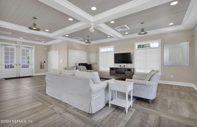 living room featuring coffered ceiling, ornamental molding, ceiling fan, beam ceiling, and light wood-type flooring