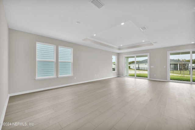 spare room featuring light hardwood / wood-style floors and a raised ceiling