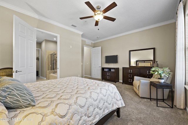 bedroom with crown molding, light colored carpet, connected bathroom, and ceiling fan