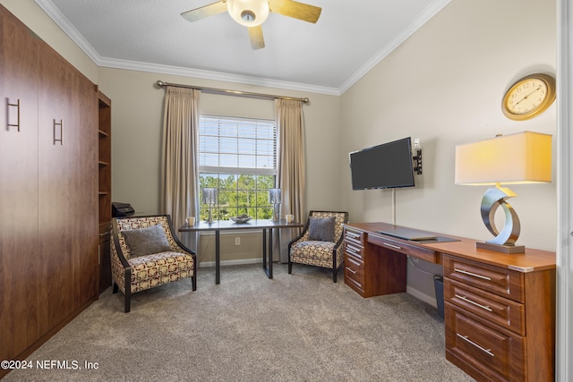 living area featuring ornamental molding, carpet, and ceiling fan