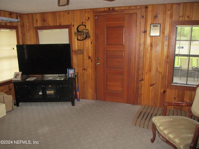 carpeted living room featuring wood walls