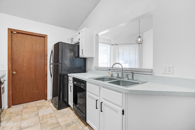 kitchen with black appliances, sink, white cabinetry, lofted ceiling, and pendant lighting