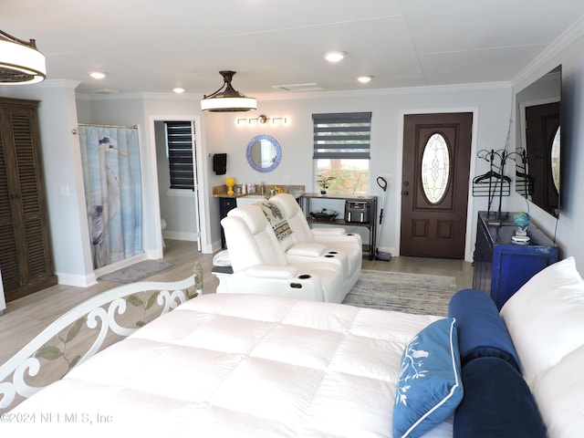 living room with crown molding