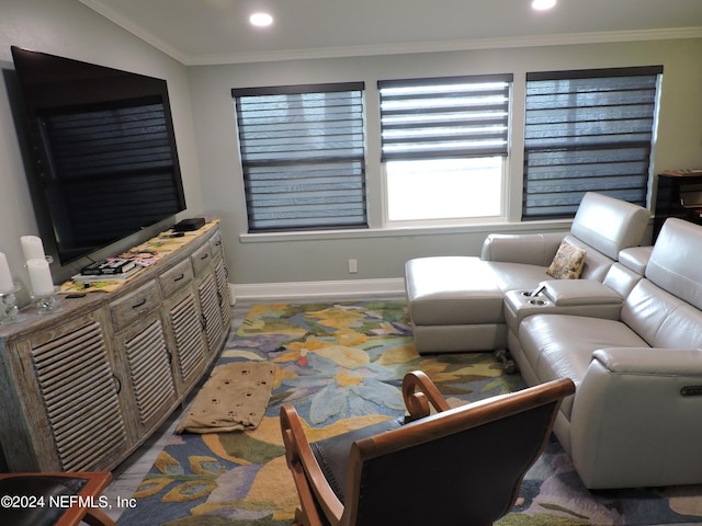 living room with crown molding and wood-type flooring