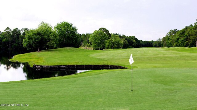 view of property's community with a water view and a lawn