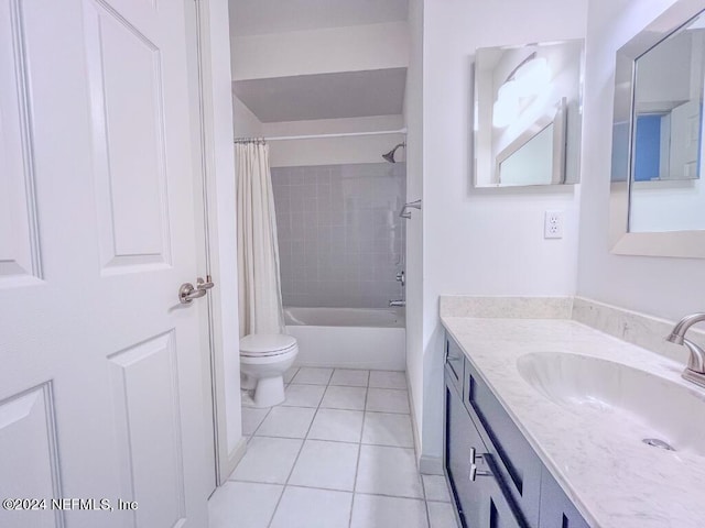 full bathroom featuring vanity, shower / bath combo, toilet, and tile patterned flooring