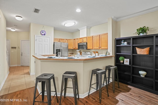 kitchen featuring light hardwood / wood-style floors, a kitchen breakfast bar, appliances with stainless steel finishes, and kitchen peninsula