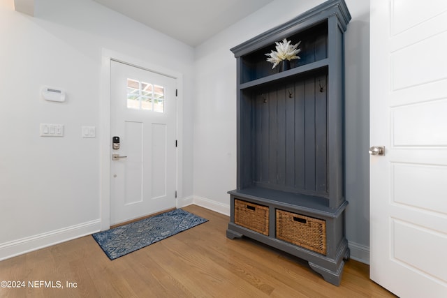 mudroom with light hardwood / wood-style flooring