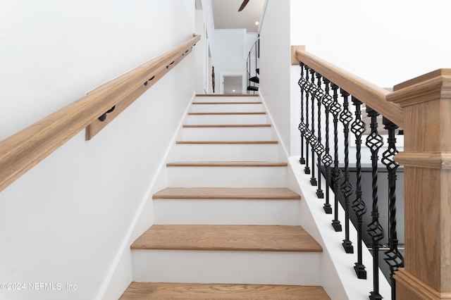 stairway with hardwood / wood-style floors