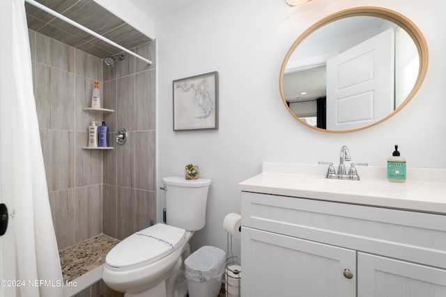 bathroom with vanity, toilet, and curtained shower