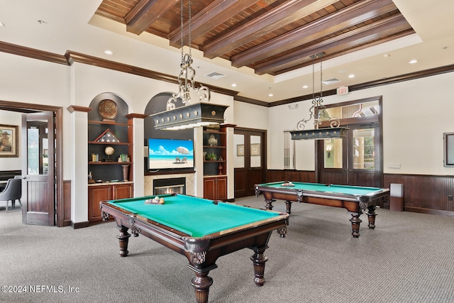 recreation room with ornamental molding, beam ceiling, billiards, carpet floors, and wood walls