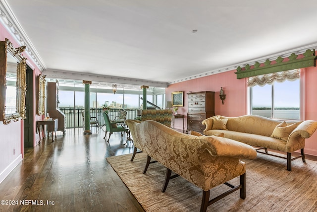 living room with hardwood / wood-style flooring, a water view, crown molding, and a wealth of natural light