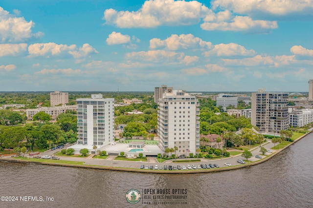 birds eye view of property with a water view