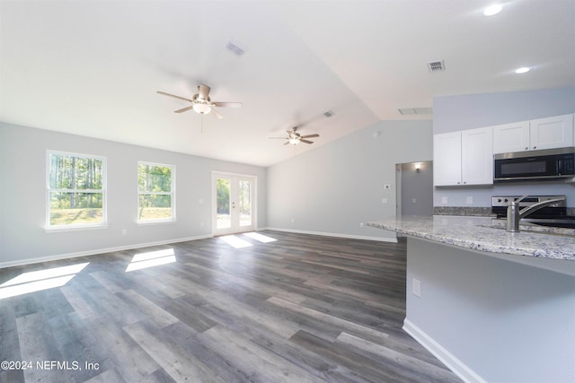 kitchen featuring light stone countertops, appliances with stainless steel finishes, ceiling fan, lofted ceiling, and dark hardwood / wood-style floors