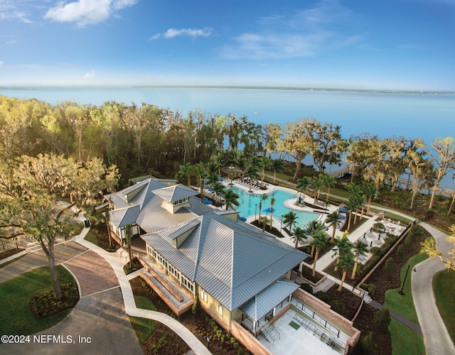 drone / aerial view with a water view