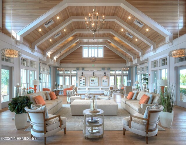 living room with high vaulted ceiling, plenty of natural light, and wooden ceiling