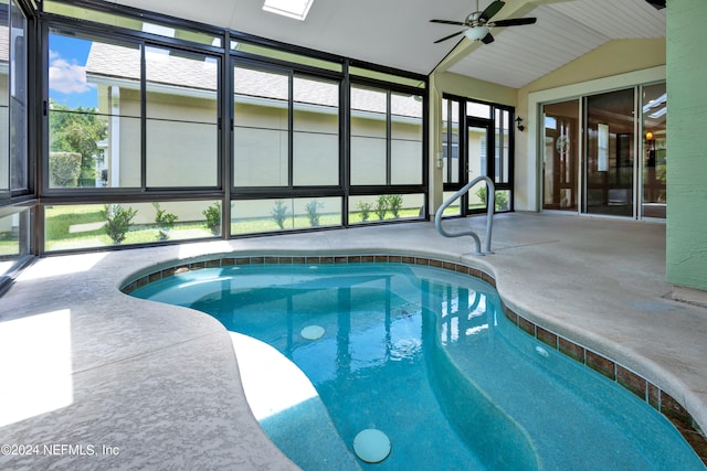 view of pool featuring a patio and ceiling fan