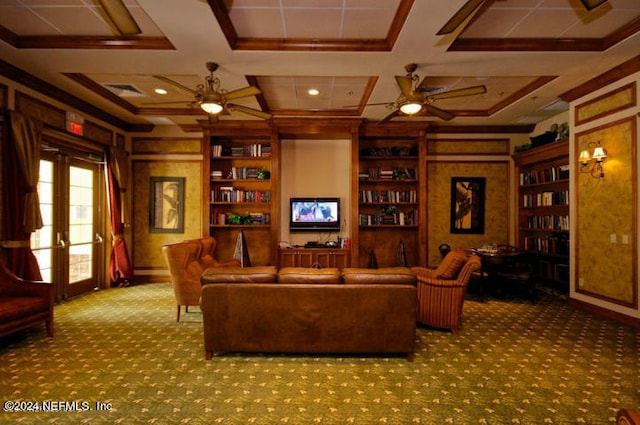 carpeted living room featuring ceiling fan, french doors, and coffered ceiling