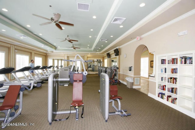 workout area featuring carpet floors, a tray ceiling, ceiling fan, and ornamental molding