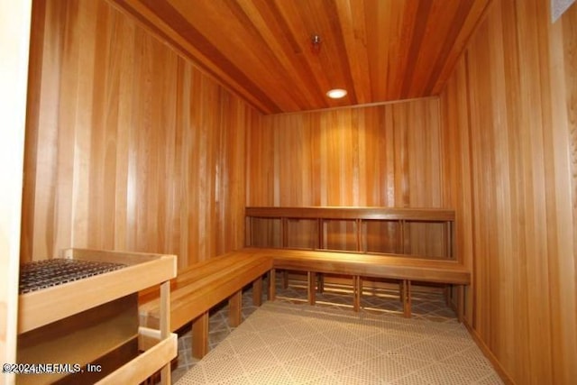 view of sauna / steam room with wood walls and wooden ceiling