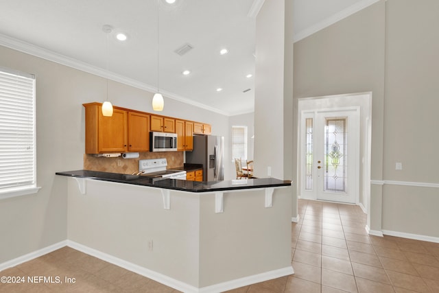 kitchen with kitchen peninsula, decorative light fixtures, stainless steel appliances, and crown molding