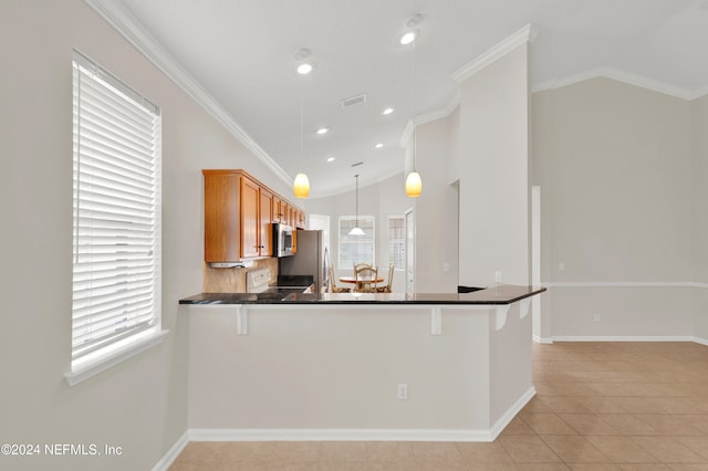 kitchen featuring stainless steel appliances, kitchen peninsula, crown molding, and pendant lighting