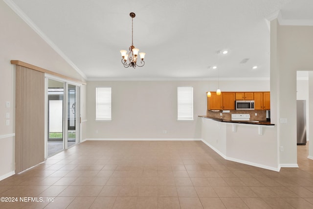 unfurnished living room featuring light tile patterned floors, a chandelier, and ornamental molding